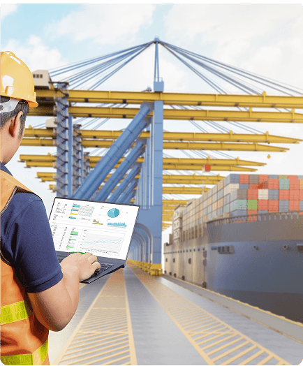 Logistics professional with tablet at shipping yard